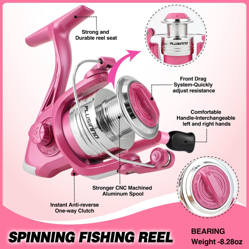 PLUSINNO Fishing Rod and Reel Combos, Fishing Gear Gifts for Women with Spinning Reel, Lures, Line, Pink Ladies Telescopic Pole Kit Designed for Girls Adults by PLUSINNO - Image 4